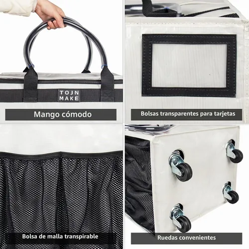 Vista 6 de Bolsa de comestibles reutilizable sobre ruedas, carrito de compras con 8 bolsillos y cubierta con cremallera, bolsa plegable con ruedas, asas