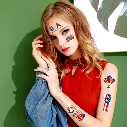 Vista 5 de Adhesivo de tatuaje del Día de la Independencia del 4 de julio, tatuajes temporales de la bandera estadounidense, tatuajes temporales impermeables