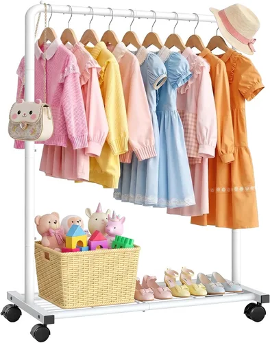 Vista 13 de Sakugi Perchero de Ropa - Perchero de ropa con estante de malla de almacenamiento y ruedas, perchero de metal resistente para colgar ropa, vestidos