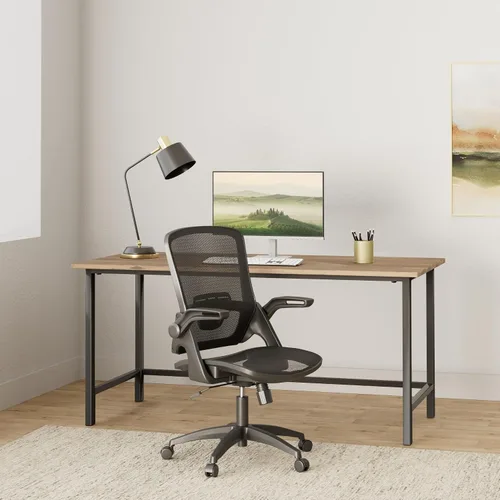 Vista 2 de KOLLIEE Silla de oficina en casa de malla ergonómica giratoria con soporte lumbar ajustable, silla de computadora cómoda negra con abatible