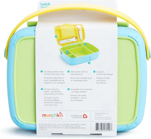 Vista 11 de Munchkin - Lonchera Bento para niños y bebés, incluye utensilios de acero inoxidable, sin BPA, para 18 meses en adelante, Azul/Verde/Amarillo