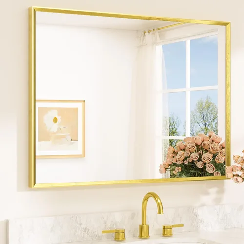 Vista 57 de TETOTE Espejo de baño dorado cepillado de 20" x 30", espejo de tocador de baño rectangular de latón dorado cepillado con marco biselado para sobre