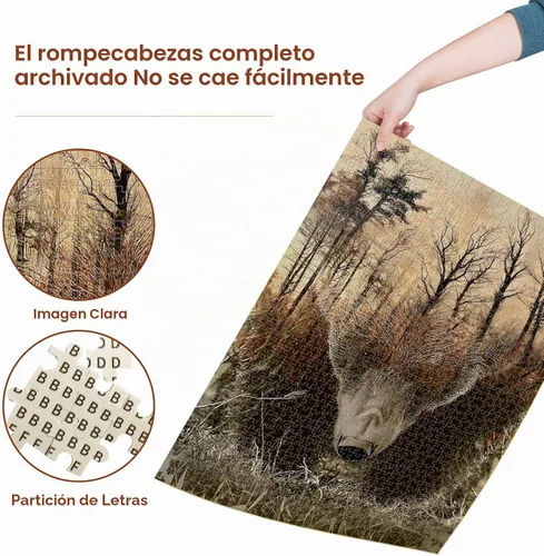 Vista 5 de WOZUIBAN Rompecabezas clásico para adultos, rompecabezas de madera de 1000 piezas, rompecabezas de madera, mapa del bosque, oso, decoración moderna