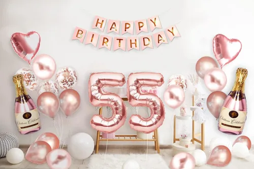 Vista 2 de Decoraciones de fiesta de cumpleaños número 55 para ella, suministros de oro rosa, juego grande con pancarta de cumpleaños y globos de 55 dígitos