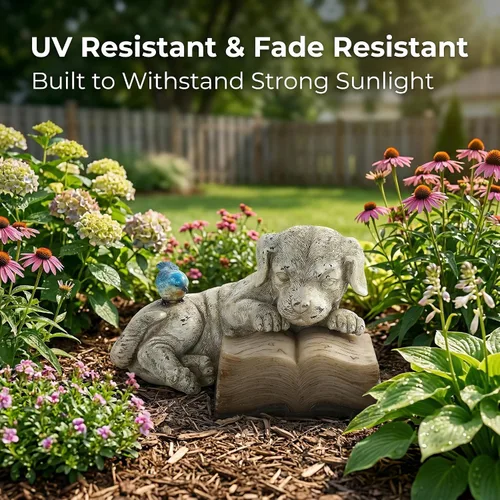 Vista 6 de Topadorn Estatua de jardín solar para cachorros con libro LED brillante, perro de resina pintado a mano con pájaro azul, decoración de patio al aire