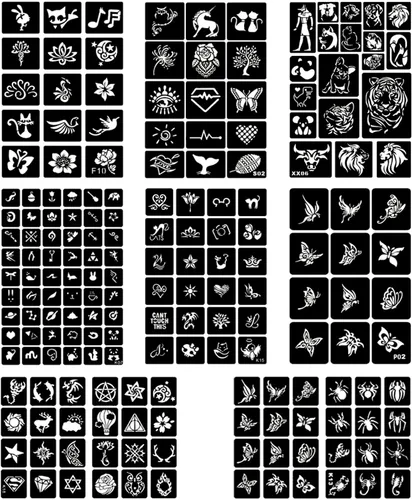 Vista 4 de ChurlChurl 20 hojas de plantillas temporales de tatuaje, más de 622 piezas de plantillas de tatuaje de henna para pintura facial y cuerpo