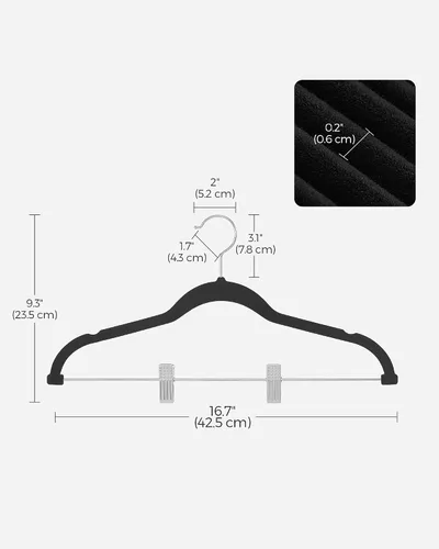 Vista 6 de SONGMICS Paquete de 20 perchas para pantalones, perchas de terciopelo de 16.7 pulgadas de largo con clips ajustables, perchas resistentes