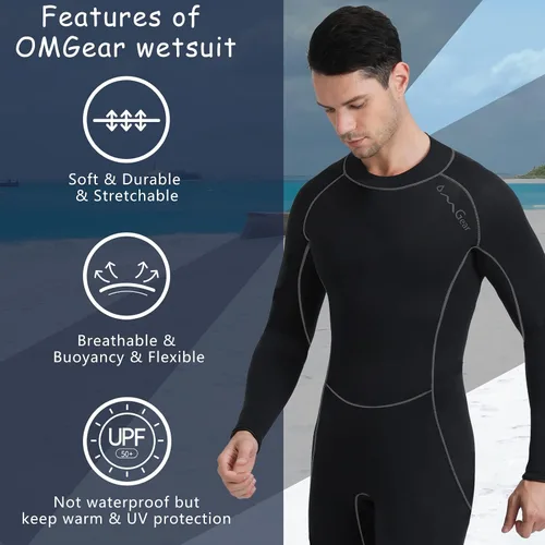 Vista 4 de OMGear Traje de neopreno para hombres y mujeres, 0.118 in, cuerpo completo, protección UV, una pieza, manga larga, trajes de buceo, traje de baño