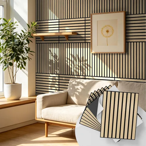 Vista 9 de WADILE Paneles de pared de listones de madera para despegar y pegar, paneles acústicos decorativos de 11.8 x 15.7 pulgadas, paneles de pared