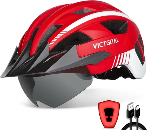 Vista 15 de VICTGOAL Casco de bicicleta con luz trasera recargable por USB, gafas magnéticas desmontables, visera solar extraíble, cascos de bicicleta de Negro