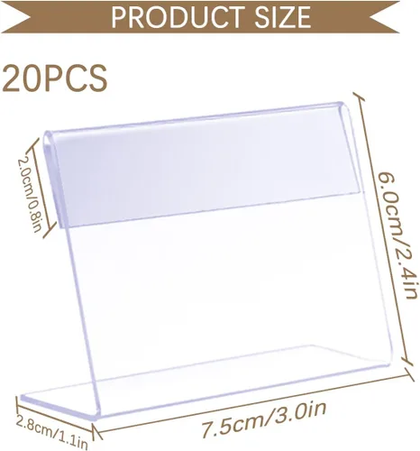 Vista 2 de 20 soportes de acrílico transparente con parte trasera inclinada vertical, en forma de L, soportes transparentes para letreros de precio, tarjetas