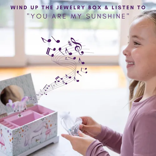 Vista 9 de ABI + OLIE Joyero de unicornio de bailarina para niñas y niñas pequeñas, joyero para niños y caja de música para niñas, organizador musical