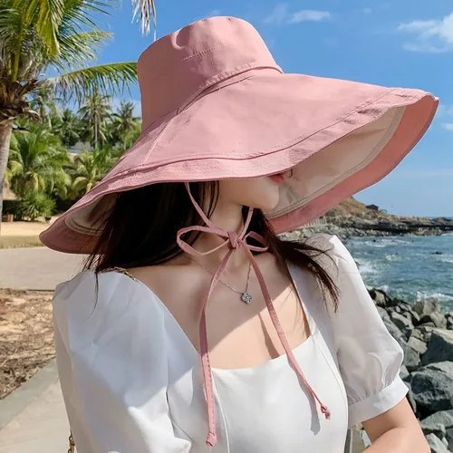 Vista 49 de Sombrero de sol de ala súper ancha para mujer, de algodón, plegable, reversible, con borde con cable, protección UV, verano, playa, viajes, jardín
