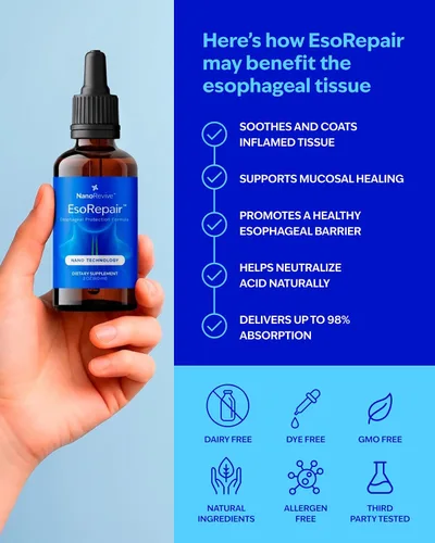 Vista 3 de EsoRepair Nano - Suplementos nano para la salud esofágica para hombres y mujeres - Comodidad digestiva, alivio de acidez estomacal y curación