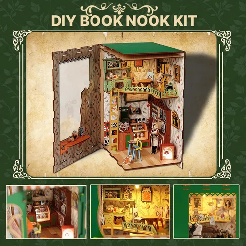 Vista 2 de Kit de Rincón de Libros, Kit de Casa en Miniatura DIY para Adultos, Adolescentes y Principiantes, Casa de Muñecas Booknook Café de Gatos Casa Café