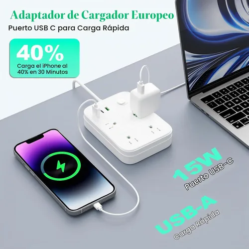 Vista 4 de Adaptador de enchufe de viaje europeo, regleta europea con 4 salidas de CA, 1 USB C y 2 puertos USB, adaptador de enchufe de Europa a EE. UU. Tipo C