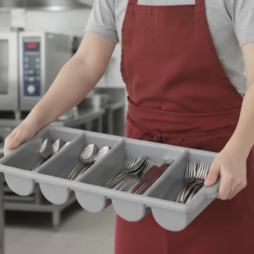 Vista 3 de Soro Essentials - Caja de cubiertos comercial de 4 compartimentos de polipropileno de color gris -Organizador de utensilios de cubiertos de cocina