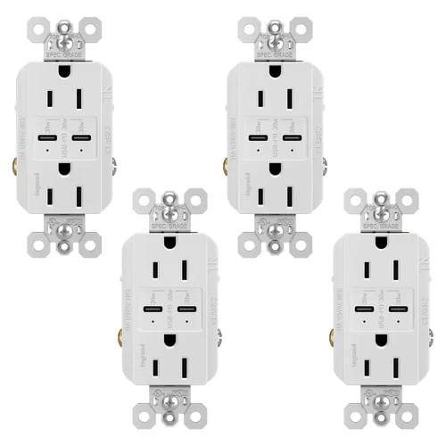 Vista 9 de Legrand Radiant R26USBPDW - Toma de corriente dúplex decoradora resistente a manipulaciones de 15 amperios con puertos de carga rápida USB C/C 6.0A