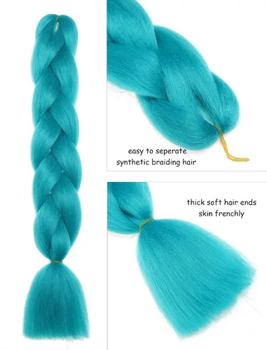 Vista 3 de 3 paquetes de extensiones de cabello sintético para trenzas de 24 pulgadas, color verde azulado, cabello trenzado jumbo para festivales coloridos