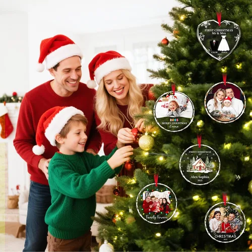 Vista 5 de Adornos de Navidad personalizados con foto, adorno de imagen de vidrio personalizado con nombres, decoración de cristal de árbol de Navidad, regalo