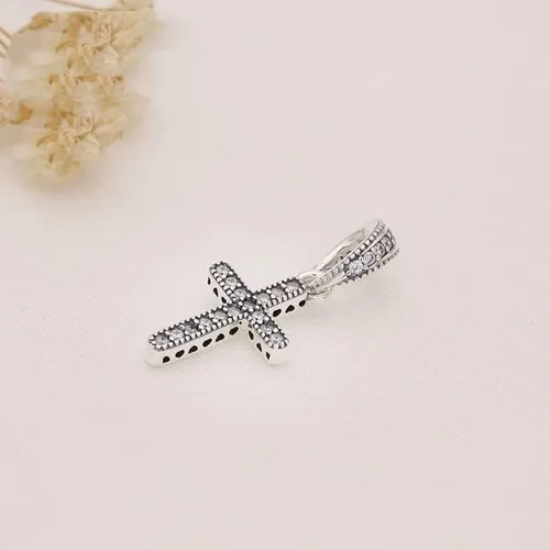 Vista 6 de Colgante de cruz brillante colgante colgante de plata de ley 925, joyería cuentas regalos para mujeres pulsera y collar A0134, Plata, Circonita