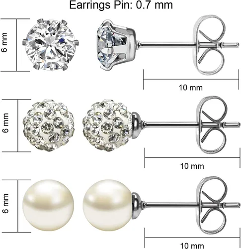 Vista 56 de JewelrieShop - Juego de aretes de tuerca de acero inoxidable con circonitas cúbicas y perlas de imitación, 3 pares de 0.236 in