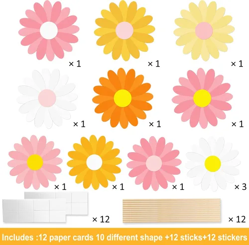 Vista 3 de 12 piezas de centro de mesa con temática de margaritas Groovy Spring Flower Centers para mesa de los años 70, decoración de margaritas de crisantemo