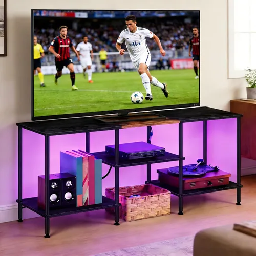 Vista 8 de Soporte de TV LED para dormitorio, soporte de TV negro de 50 pulgadas con toma de corriente, centro de entretenimiento pequeño de 3 niveles