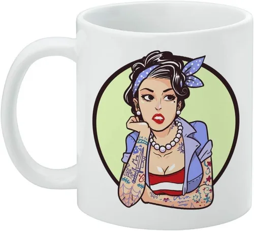 Vista 3 de Rockabilly - Taza de café de cerámica retro Pin Up Girl With Tattoos, novedosa taza de regalo para café, té y bebidas calientes, 11 onzas