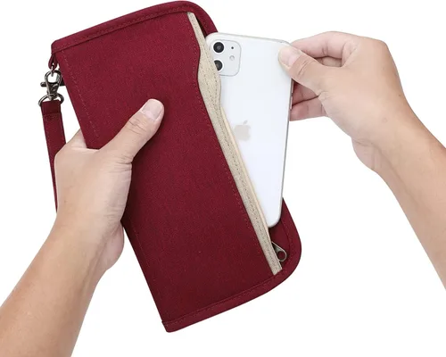 Vista 6 de ZOPPEN Cartera de viaje RFID y organizador de documentos con cremallera con correa de muñeca extraíble, Cartera RFID