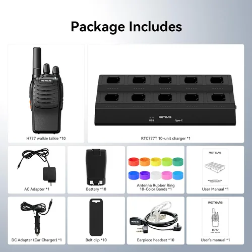Vista 7 de Retevis H-777 Walkie Talkies para adultos, radio de 2 vías de largo alcance con auriculares, cargador de múltiples bandas de 10 vías, radios