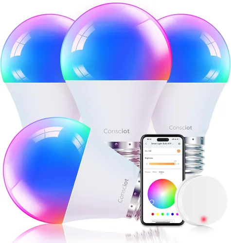 Vista 13 de Consciot Bombillas inteligentes, bombilla Bluetooth equivalente a 60 W, 1 Bombilla LED WiFi que cambia de color, bombillas A19 E26 RGBTW que