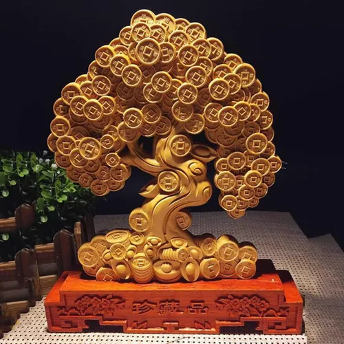 Vista 5 de Adornos de árbol de monedas para riqueza y suerte, escultura de árbol de dinero de madera maciza, decoración de oficina en casa, estatua de árbol