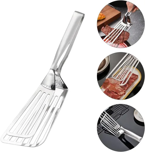 Vista 2 de Yardwe Pinzas de espátula de metal ranuradas, pinzas de cocina, pinzas para alimentos, pinzas para parrilla, pinzas para carne de pescado, pinzas