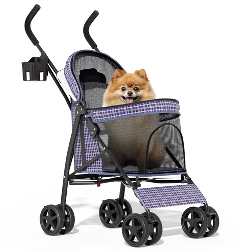 Vista 17 de MoNiBloom Cochecito para mascotas de 4 ruedas, cochecito jogger jaula para cachorros de fácil plegado con cubierta solar, almohadilla y bolsa
