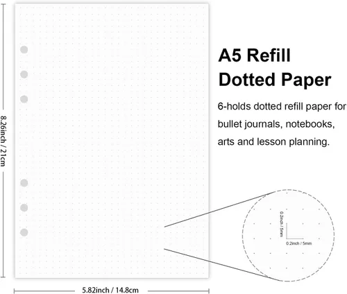 Vista 2 de Papel punteado A5, repuestos para planificador Filofax, organizador, carpetas, 6 agujeros perforados, 100 hojas/200 páginas, 100 g/m², blanco, 5.8 x