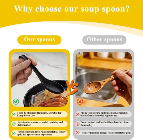 Vista 5 de Kyraton Juego de 24 cucharas de sopa asiática con mango largo fácil de sostener, cuchara japonesa de plástico irrompible para ramen, wonton chino