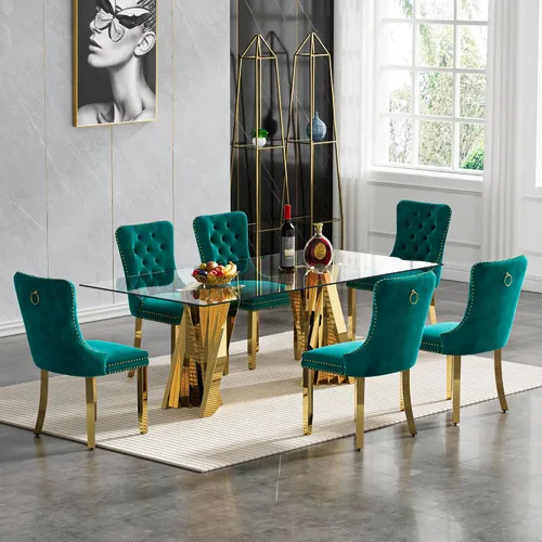 Vista 47 de Juego de mesa de comedor de cristal dorado moderno de 70 pulgadas para 4, juego de mesa rectangular de comedor de cocina de 5 piezas con base