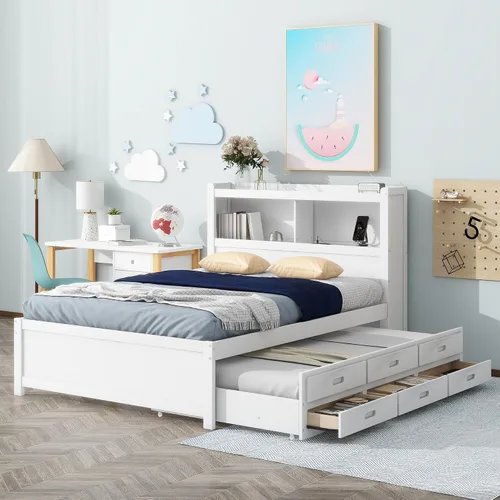 Vista 2 de VilroCaz Cama de plataforma multifunción de tamaño matrimonial con nido y cajones, plataforma de madera con cabecera de almacenamiento y enchufes