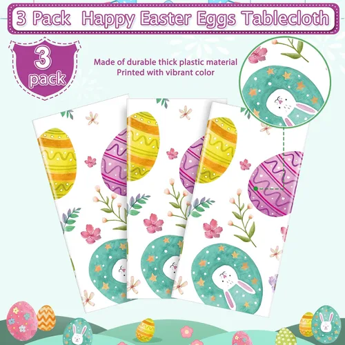 Vista 4 de Ragnhild Paquete de 3 manteles de Pascua, decoración de fiesta, mantel de plástico con huevos de Pascua, conejo, decoración de mesa, mantel