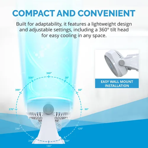 Vista 2 de NewAir Potente ventilador portátil de circulación de aire de 12 pulgadas en blanco Montaje en pared, pivote de 360°, hasta 40 pies de alto flujo