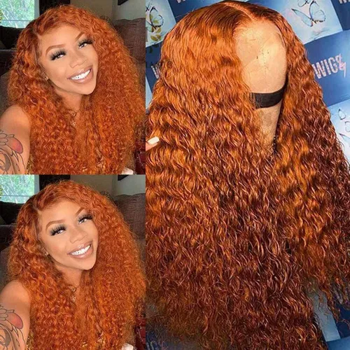 Vista 5 de Peluca de cabello humano virgen brasileño ondulado transparente con encaje frontal color naranja jengibre prearrancado (12 pulgadas, rizado)
