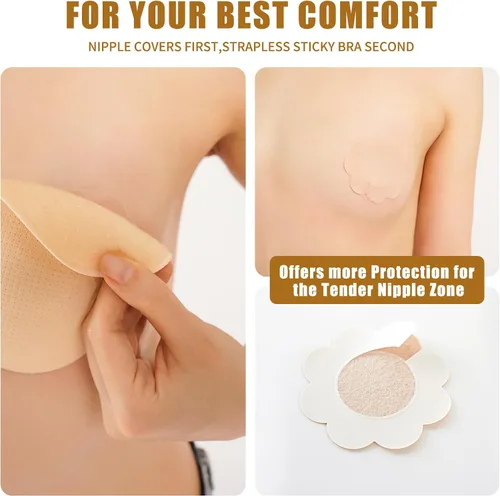 Vista 4 de FlexaStick Sticky Push up Bra, Invisible Strapless Bras for Backless Dresses with Reusable Adhesive & Nipple Covers (2 Pairs)
