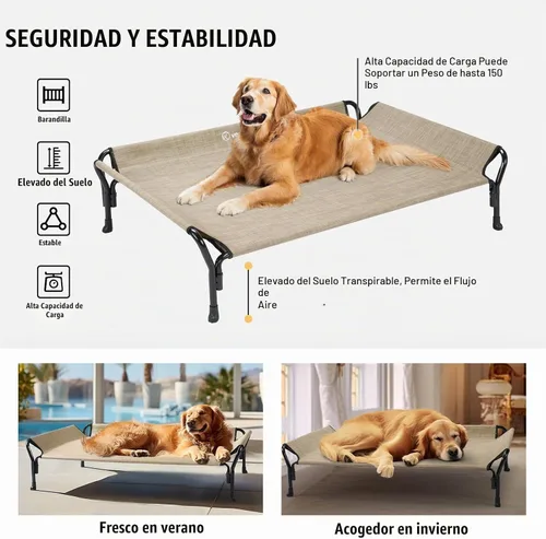Vista 6 de Veehoo Cama elevada mediana para perro, barandilla, antideslizante, malla beige café
