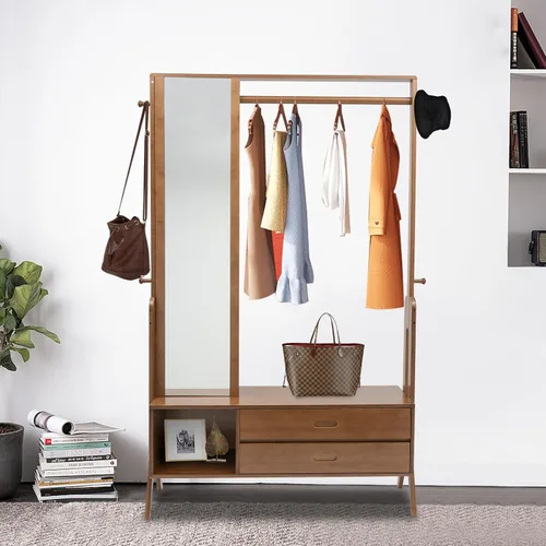 Vista 7 de Perchero de bambú independiente para ropa con estantes, estante colgante con espejo y cajón para entrada de dormitorio, soporte de hasta 200 libras