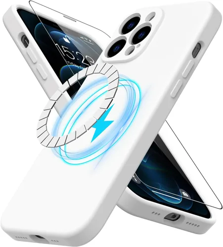 Vista 47 de DEENAKIN Funda magnética de silicona para iPhone 12 Pro con protector de pantalla, compatible con MagSafe, protección de cámara, funda protectora