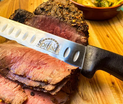 Vista 6 de SPITJACK Cuchillo de corte de pechuga ahumada para cortar carne y rebanar. Cuchillo de corte de 11 pulgadas y cuchillo de deshuesado curvado de 6