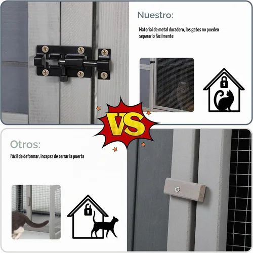 Vista 9 de COZIWOW Catio grande de madera para gatos, recinto al aire libre con techo resistente a la intemperie, 2 salas de descanso, 2 plataformas, corralito