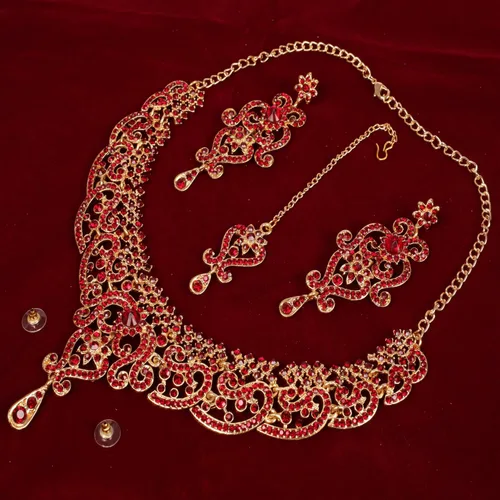Vista 26 de Conjunto precioso de collar con look real Indian Bollywood, maravillosamente decorado, conjunto de collar adornado para mujer.