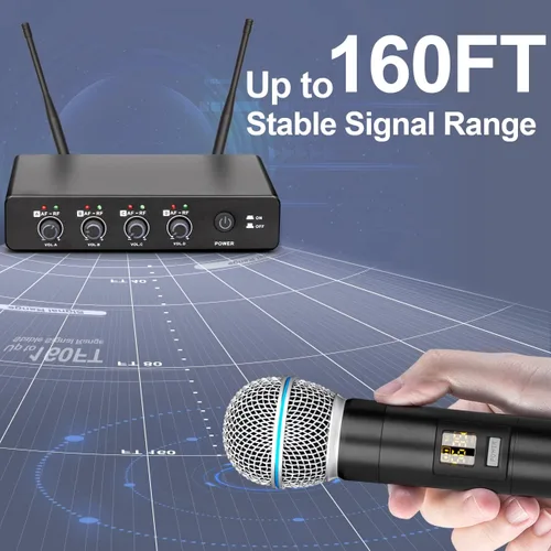 Vista 2 de Depusheng R4 - Micrófonos inalámbricos para karaoke profesional, 4 canales, sistema de micrófono inalámbrico de mano, micrófono dinámico de metal